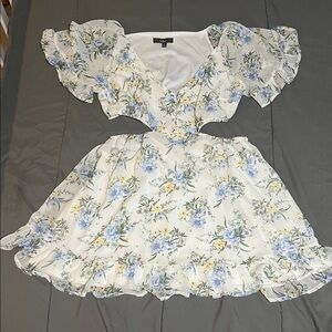 Lulu's Floral Ruffle Mini Dress - White and Blue